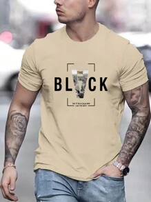 男士標語圖案T恤 - 杏色 - 查看 1