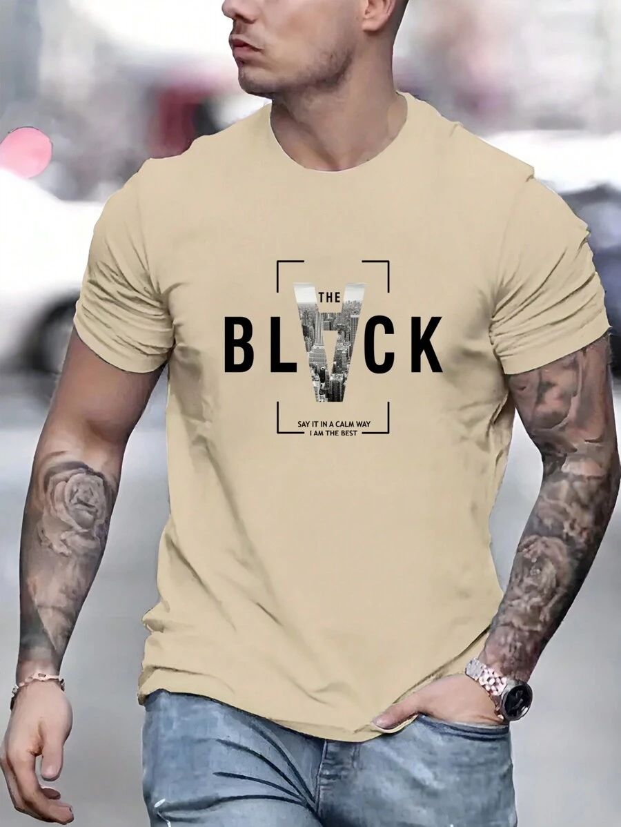 男士標語圖案T恤 - 杏色 - 查看 1