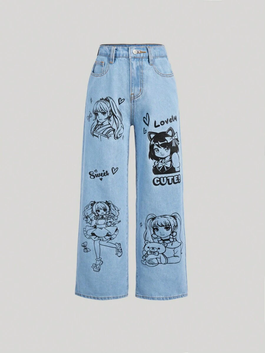SHEIN Quần jeans ống đứng rách gối họa tiết hoạt hình Y2K và chữ cái dành cho bé gái, thích hợp cho mùa xuân và hè. - Rửa nhẹ - Xem 1
