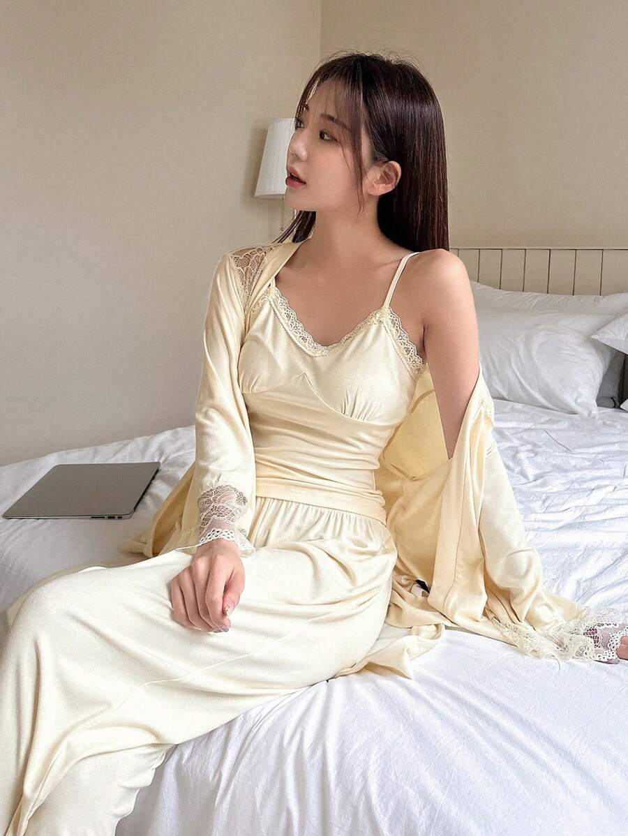 DAZY 3pcs Lace Patchwork Sheer Shoulder Sleepwear Set Pajama - Beige - View 1