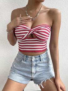 SHEIN LUNE Women's Striped Twisted Knot Cut Out Strapless Knitted Top - Multicolor - View 5