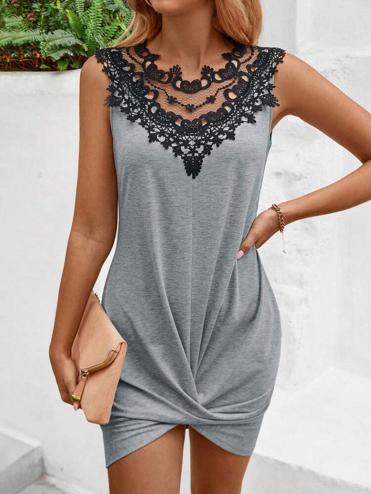 Colorblock Embroidered Mesh Panel Twist Knot Front Dress