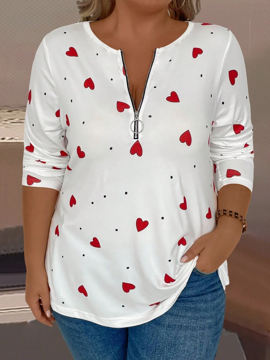 EMERY ROSE T-shirt graphique imprimé cœur grande taille pour femmes - Rouge et Blanc - Voir 1