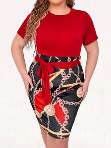 SHEIN Clasi Kích thước lớn Của phụ nữ Chuỗi In Ngắn tay Váy bodycon - Đỏ - Xem 5