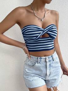 SHEIN Unity Women's Striped Halter Knit Top With Twist & Hollow Out Design - Blue - View 4