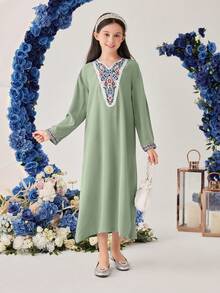 SHEIN 適合青少女的優雅刺繡連衣裙 - 綠色 - 查看 5