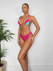 SHEIN Swim Women's Color Block Halter Tie Bikini Set Summer - Multicolor - View 5