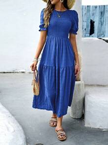 Breezaya 女士宽松圆领短款泡泡袖泡泡裙长款女装 - 寶藍色 - 查看 3