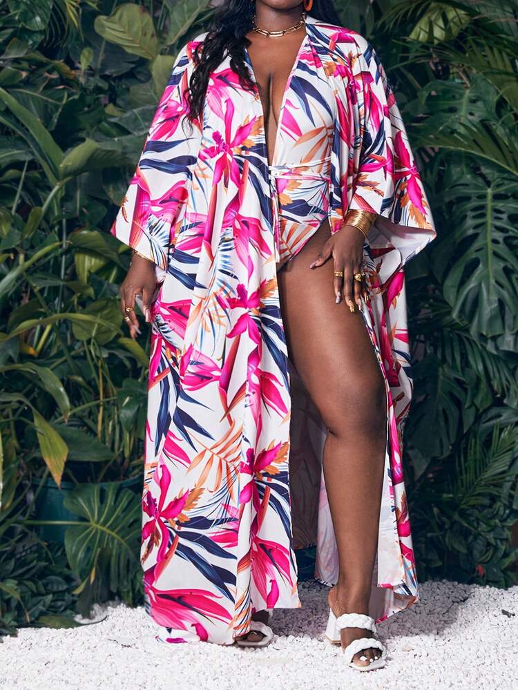 2pcs/Set Women's Plus Size Hollow Out Cover Up With Headband, Featuring Bat Sleeves, And Jumpsuit With Tropical Plant Pattern For Vacation