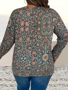 SHEIN LUNE 大码复古花卉印花长袖 T 恤图案 T 恤女式上衣适合春季服装