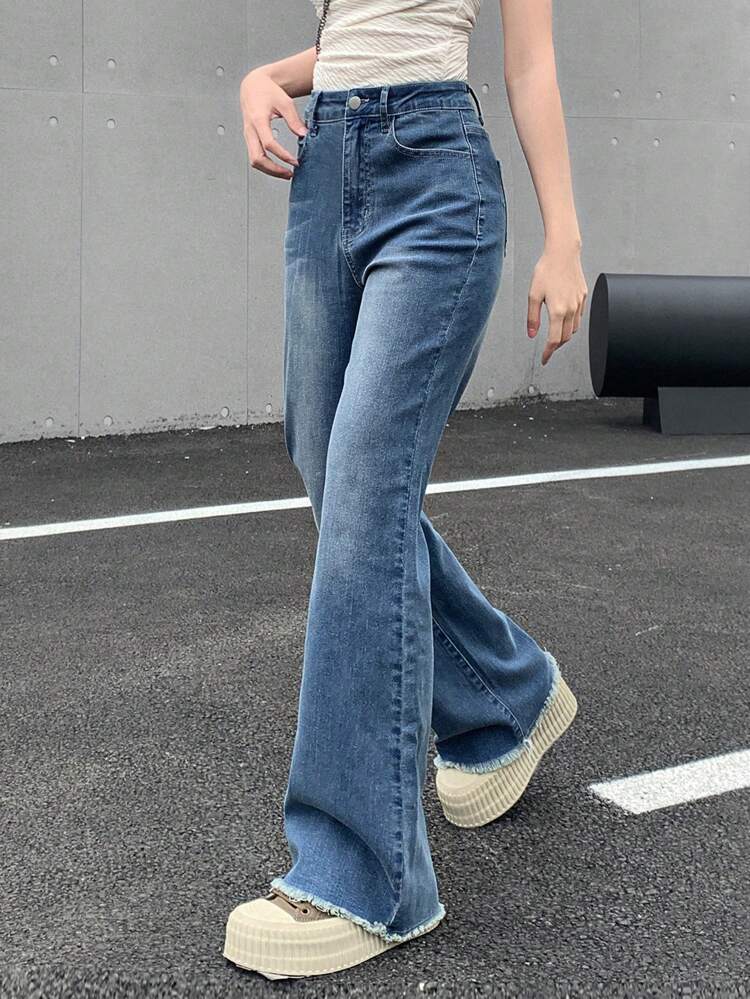 Women Blue Denim Flared Trousers