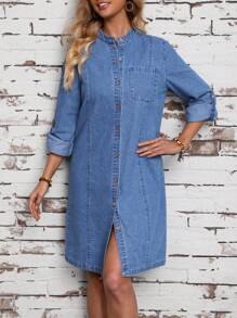 SHEIN LUNE Button Front Pockets Casual Denim Dress - Blue - View 2