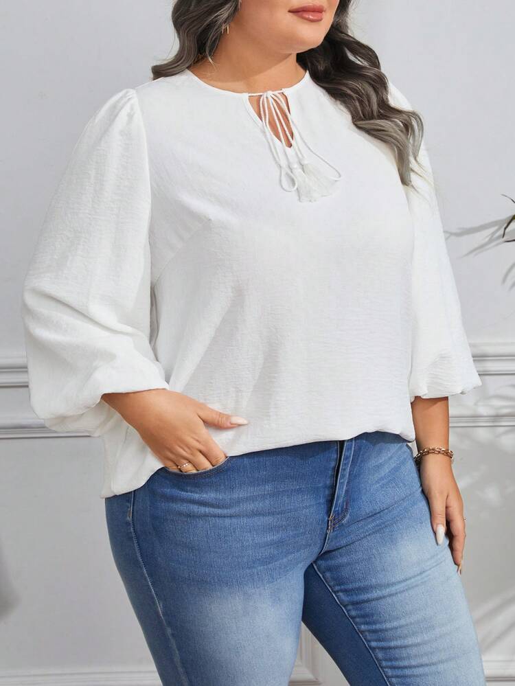 Plus Size Fringed Tie Neck Lantern Sleeve Blouse