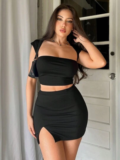 Aloruh 黑色露肩短款上衣 + 迷你紧身开衩裙，优雅女士两件套