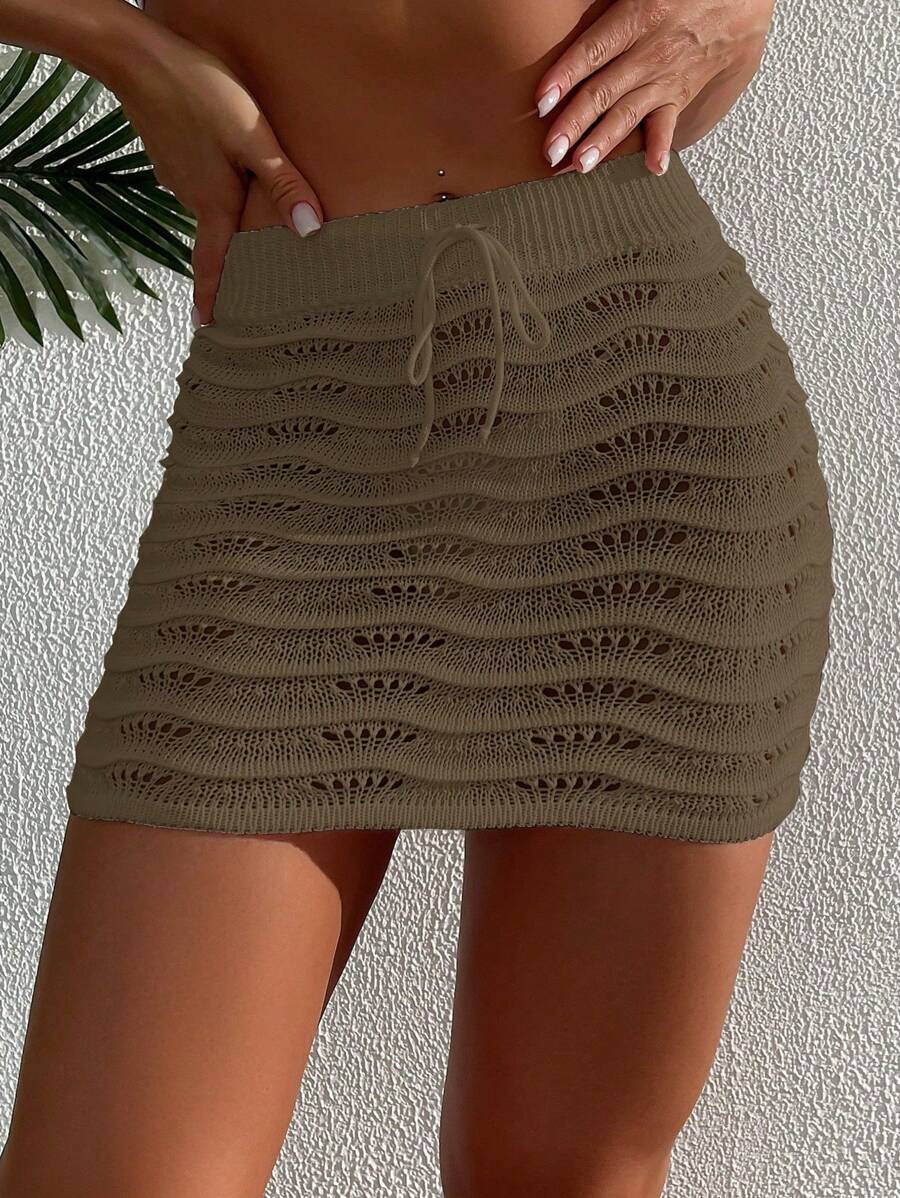 SHEIN Swim Hollow Out Drawstring Knit Wrap Skirt Cover Up Summer - Khaki - View 1