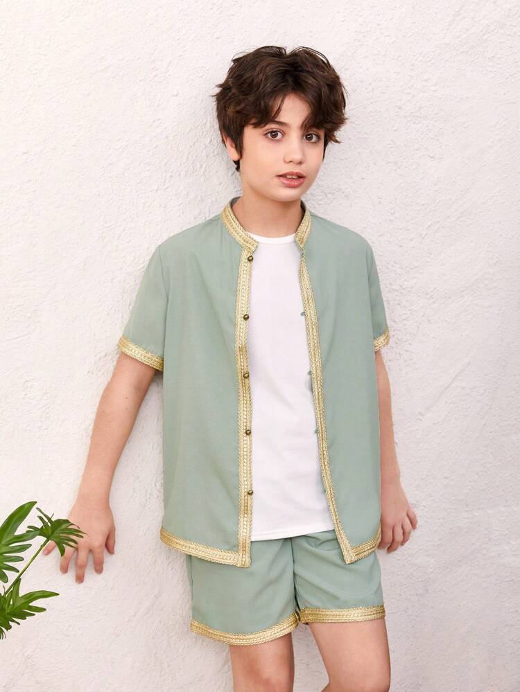 Tween Boy Loose Fit Casual Stand Collar Short Sleeve Shirt And Shorts Set