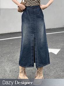 Dazy Designer Chân váy jeans ống rộng xẻ cao, xẻ tà, có túi xéo - Rửa tối - Xem 1