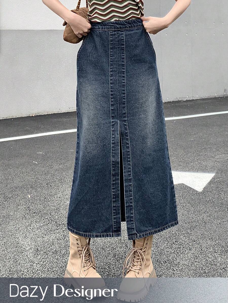 Dazy Designer Chân váy jeans ống rộng xẻ cao, xẻ tà, có túi xéo - Rửa tối - Xem 1