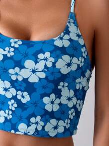SHEIN Swim 夏季沙灘Y2k花卉拼接印花側拉繩背心泳裝套裝，2件式背心泳裝套裝 - 彩色 - 查看 4