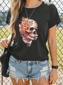 INAWLY Skull & Floral Printed T-shirt - Dark Grey - View 1