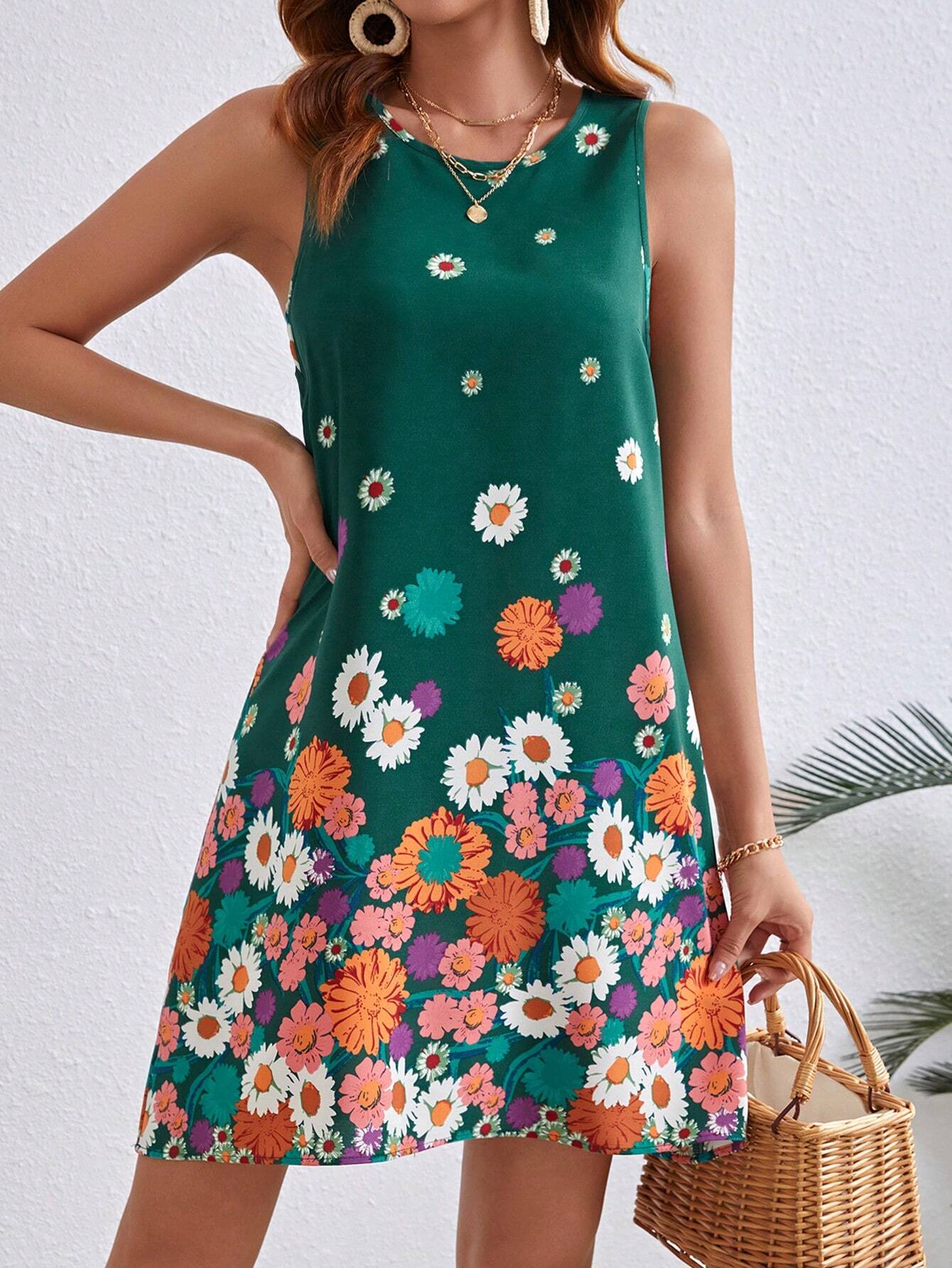 SHEIN VCAY Vestido Feminino Sem Manga Com Estampa Floral E Gola Redonda - Verde - Visão 1