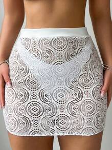 SHEIN Swim Váy thêu rỗng - trắng - Xem 6