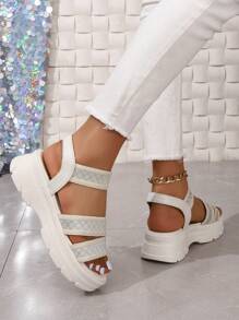 Sandalias De Plataforma De Fondo Grueso Con Banda Elástica Para Mujeres, Adecuadas Para Uso Casual - Blanco - Ver 2