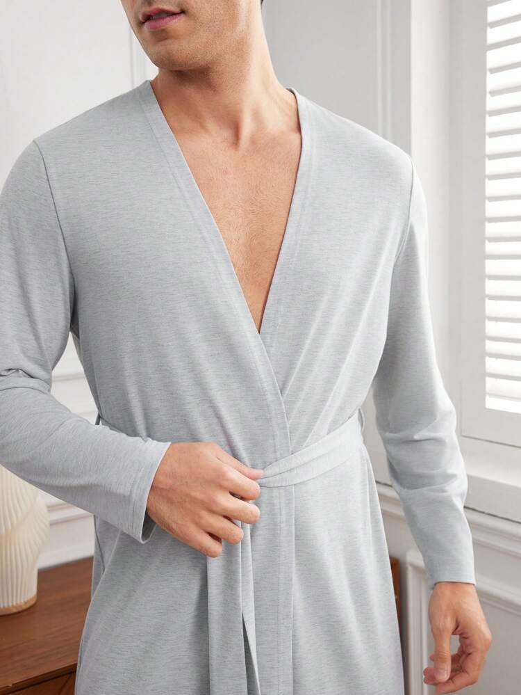 Men's Gray Comfortable Front Open Long Sleeve Robe For Home