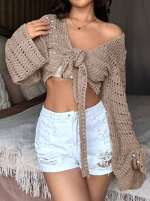 SHEIN Unity Ngắn Áo len Mở Với Xu hướng: Cắt giảm Chi tiết Và Chuông - Lạc đà - Xem 5