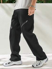 Manfinity Hypemode 男士拉鍊休閒直筒褲 - 黑色 - 查看 3