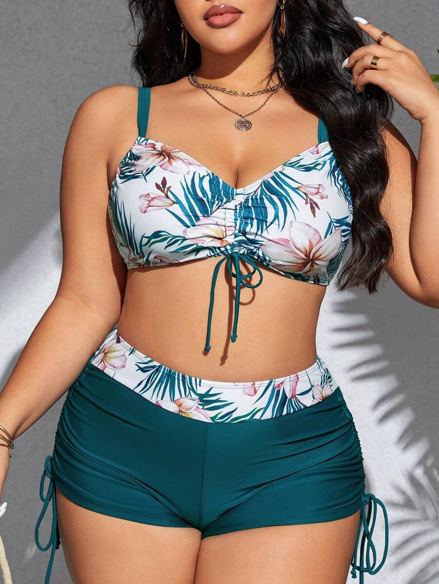 Swim Lushoire Summer Beach Plus Size Tropical Print Bikiniset med dragskodetaljer - Multifärgad - Visa 1