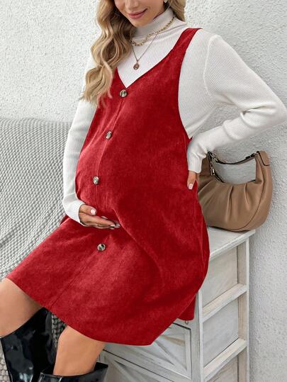 SHEIN Maternity Solid Color Button Detail V-Neck Sleeveless Dress, For Winter For New Year Clothes