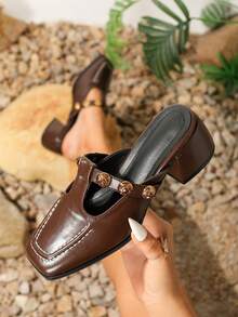 女鞋粗跟中空拖鞋,方頭復古復古風格,滑入式涼鞋 - 棕色 - 查看 4