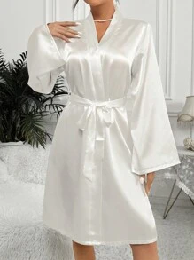 Women's Embroidered Satin Belted Robe With Back Design Luxeloungewear, Fall - White - View 6
