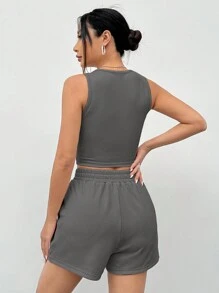 SHEIN EZwear Letter Patch Round Neck Slim Fit Vest And Elastic Waist Shorts - Dark Grey - View 2