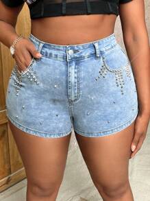 SHEIN SXY Kích thước lớn Dát Đầy Đàn hồi Cao eo Quần short Denim Cho mùa hè - Rửa nhẹ - Xem 5