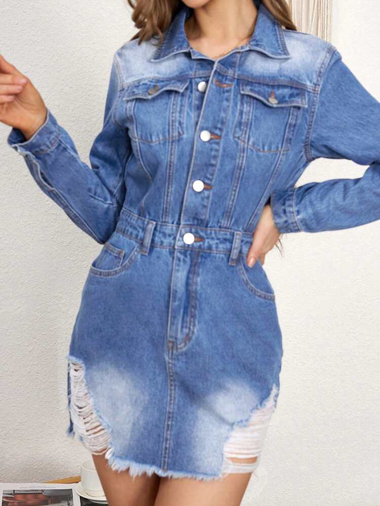 Ladies' Frayed Hole Denim Shirt Style Dress