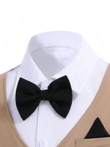 两件套男童绅士套装，二合一长袖拼接假马甲衬衫+长款正装裤套装，含领结；适合男童婚礼、演出、派对、生日和毕业典礼等正式场合的正装，幼儿正装，儿童绅士套装，男童正装，小男孩西装，男童婚礼服 - 卡其色 - 查看 4