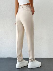 EURMUSE 97%棉纯色褶裥斜插口袋锥形西装裤 - 米色 - 查看 2