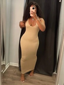 INAWLY Solva Einfarbiges, schmal geschnittenes Neckholderkleid für Damen - Aprikosenfarben - Übersicht 3