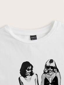 SHEIN EZwear 休闲简约时尚女士图案圆领短袖短款修身女式 T 恤，适合夏季 - 白色 - 查看 6