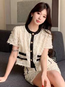 DAZY Color Block Short Sleeve Top With Button Front And Skirt With Rolled Hem, Women Two Pieces Sets