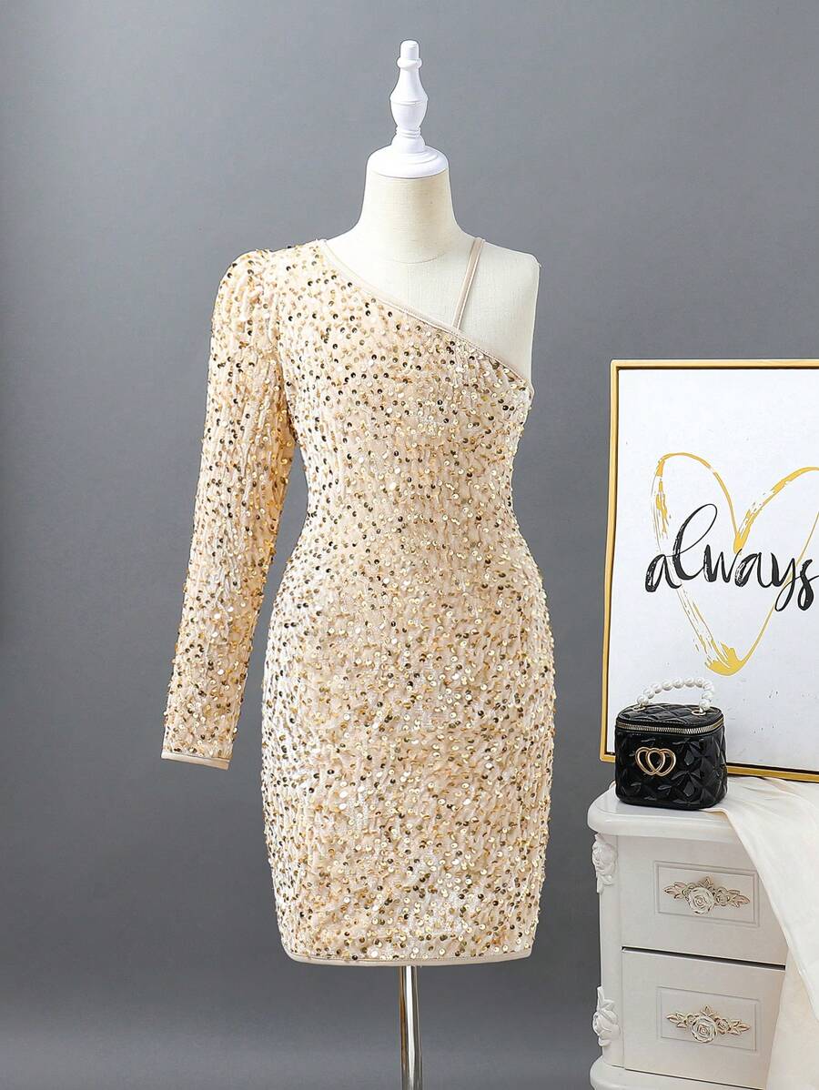 SHEIN Tween Girls'  Sparkly Asymmetrical Shoulder Mid-Length Formal Dress, Suitable For Parties, Birthdays, Performance And Other Occasions, Autumn