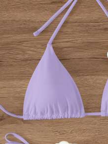 SHEIN Swim 顏色磚塊式紫色3d薔薇花頸帶比基尼套裝,配有分離的綁帶游泳褲底 - 紫丁香色 - 查看 5