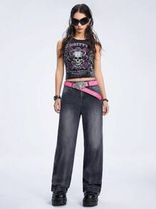 ROMWE Grunge Punk Back Wings Printed Straight Cut Denim Jeans - Black - View 2