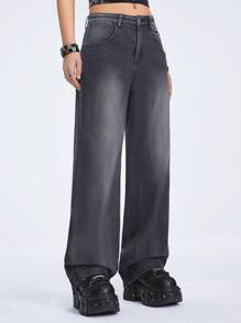 ROMWE Grunge Punk Back Wings Printed Straight Cut Denim Jeans - Black - View 5