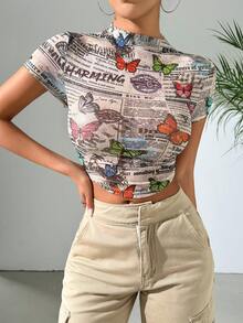 SHEIN EZwear 女性蝴蝶印花網眼緊身上衣,夾帶廣告語 - 卡其色 - 查看 3