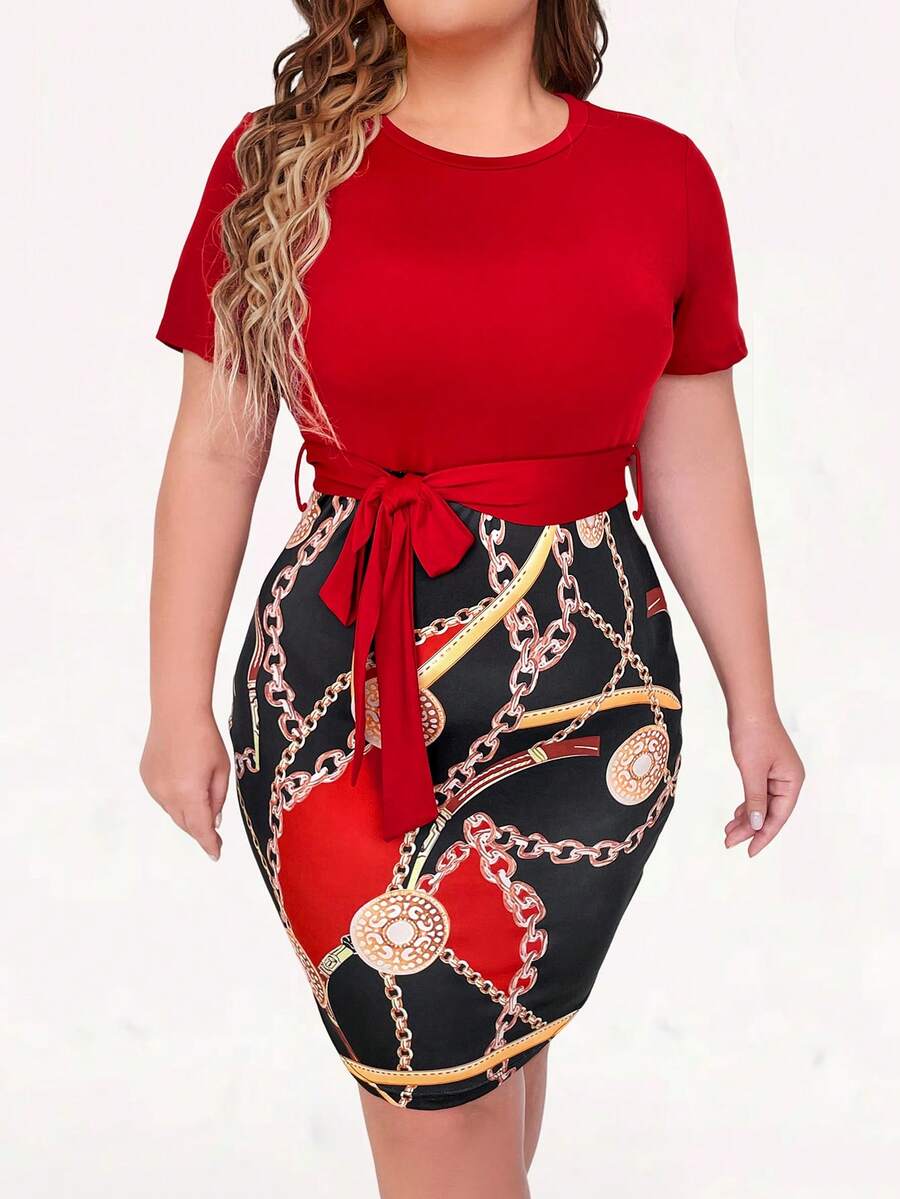 SHEIN Clasi Kích thước lớn Của phụ nữ Chuỗi In Ngắn tay Váy bodycon - Đỏ - Xem 1