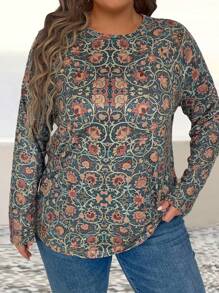 SHEIN LUNE 大码复古花卉印花长袖 T 恤图案 T 恤女式上衣适合春季服装