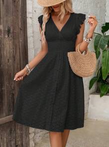 Breezaya 網眼刺繡荷葉邊連衣裙 - 黑色 - 查看 3